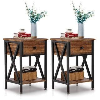 VECELO Set of 2 Nightstand 2 Layer 1 Drawer Bedside End Table - Brown