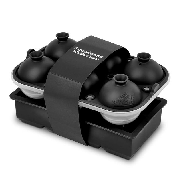 Samuelworld Premium Ice Tray Combo, Large Ice Sphere Maker & Giant Ice Cube Trays, 2 Packs, Food Grade, Easy To Use, Spill-Free Integrated Funnels, Whiskey Bourbon Cocktails (Black)