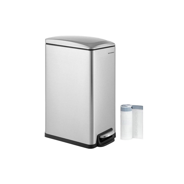 SONGMICS Slim Trash Can, 12.7 Gallon Garbage Can for Narrow Spaces with Soft-Close Lid, Inner Bucket, 15 Trash Bags Included, Silver