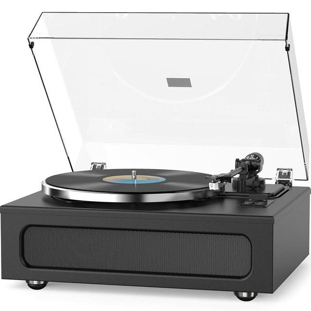Record Player All-in-One Classic Turntable for Vinyls Records Built-in 4 Stereo Speakers High Fidelity Audio AT-3600L Phono Belt Drive Vinyl Players BT Wireless Pariing Aux-in RCA Auto Stop Pure Black