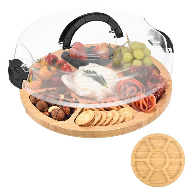 GLOKUUCA Round Charcuterie Board with Lid and Handle - Portable Cheese Board for Travel,Bamboo Cutting Board for Kitchen,Gifts for House Warming, Bridal Shower (7 Compartment, Black)