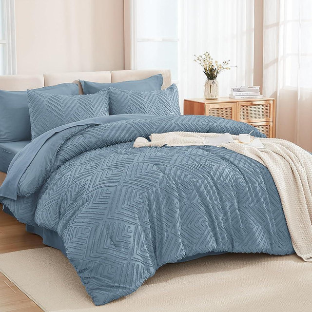 Andency Oversized King Size Comforter Set with Sheets Grayish Blue - 7 Pieces Bed in a Bag Oversized King Boho Tufted Lightweight Bedding Sets with Comforter, Sheets, Pillowcases & Shams