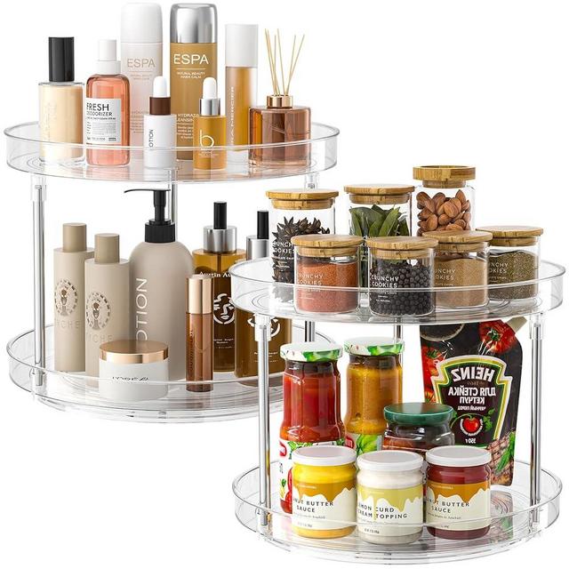 Slow Slog 2 Pack 2 Tier Lazy Susan Turntable Organizer, Clear Rotating Lazy Susan, Spice Rack for Cabinet, Makeup and Perfume Organizer for Vanity, Counter Organizer Tray for Kitchen, Bathroom