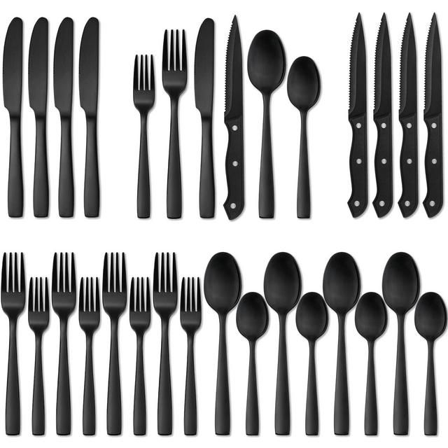 Hiware 24 Pieces Matte Black Silverware Set with Steak Knives for 4, Stainless Steel Flatware Utensils Set, Hand Wash Recommended