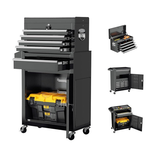 Crownland 5-Drawer Rolling Tool Chest with Wheels, Lockable 2 in 1 Detachable Tool Cabinet wit Drawers and Black Liners, Garage Top Toolbox & Bottom Storage Cart with Side Hooks(Black)