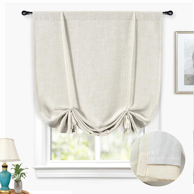 DriftAway Double Layer Linen Blackout Tie Up Curtains Thermal Insulated Fully Lined Balloon Roman Shade Bathroom Window Adjustable Rod Pocket for Small Window 39 Inch by 55 Inch Light Linen