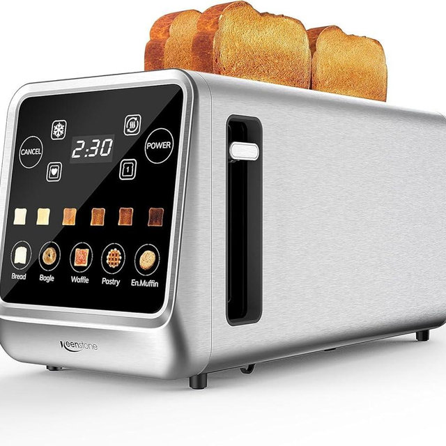 Keenstone 4 Slice Touch Screen Toasters with Wide Slot, 1400W Stainless Steel Smart Toaster for Bagels, Waffles, Muffin - Timer, Defrost, Reheat & Memory Function, Family Breakfast Toaster