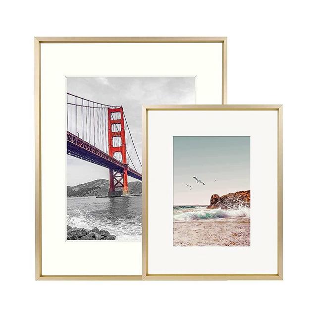 Frametory, Piture Frames Set Of Two, Gold 11x14 Frame with Ivory Color Mat for 8x10 Picture + 8x10 Frame with Ivory Color Mat for 5x7 Picture, Metal Picture Frame & Real Glass