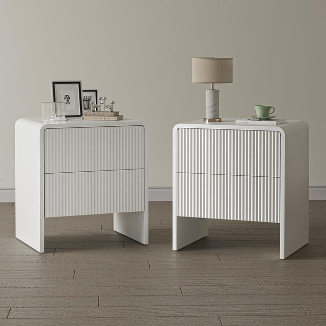 Set of 2 Curved Nightstand with 2 Drawers, Wooden Bedside Table with Push to Open Storage, Modern End Table for Bedroom, White