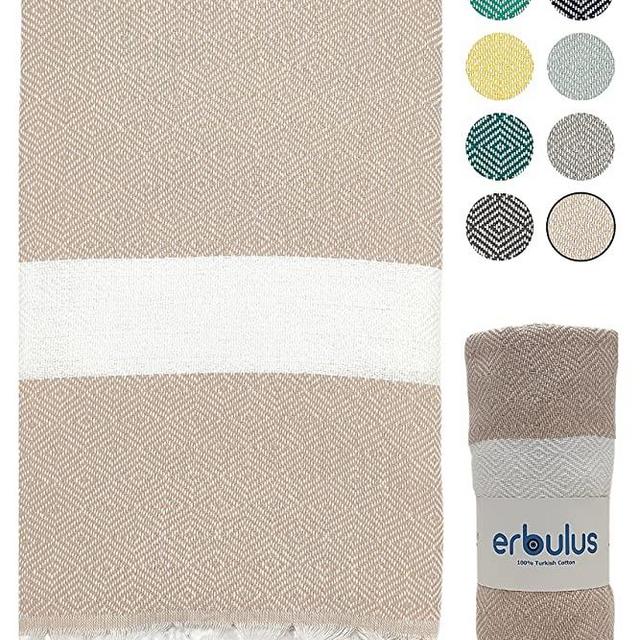 Erbulus Turkish Beach Towel (39" x 71") - 100% Cotton - Certified Free of Harmful Chemicals - Absorbent and Quick Dry - Yoga Blanket - Peshtemal Turkish Bath Towel for SPA, Pool, Gym (Beige)