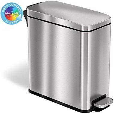 iTouchless SoftStep 3 Gallon Slim Bathroom Step Trash Can with AbsorbX Odor Filter & Removable Inner Bucket, Pedal Stainless Steel Garbage Bin for Bathroom, Bedroom, and Business Office Cubicle