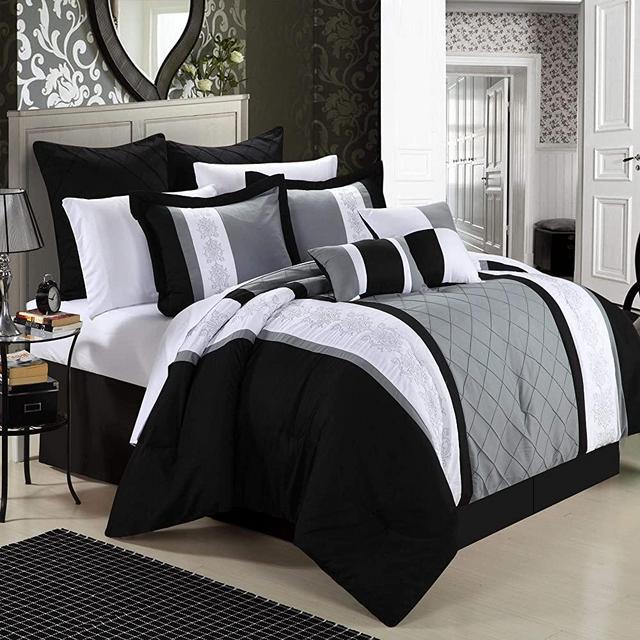 Chic Home 8-Piece Embroidery Comforter Set, Queen, Livingston Black