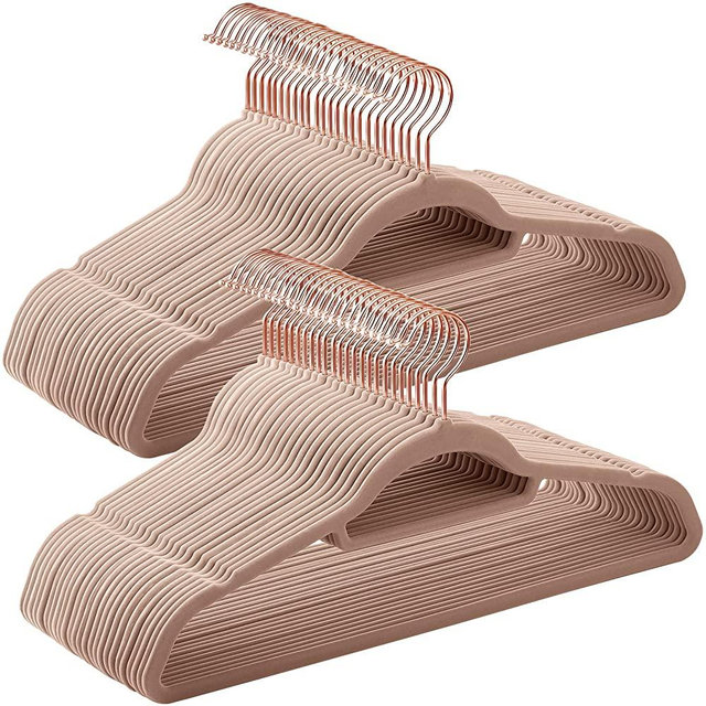 SONGMICS Velvet Hangers, Set of 50 Clothes Hanger with Rose Gold Swivel Hook, Non-Slip, and Space-Saving, 0.2-Inch Thick, 17.1-Inch Long for Coat, Shirt, Dress, Pants, Tie, Pale Brown UCRF021LB50