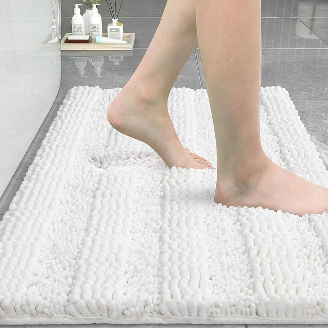 Yimobra Bathroom Rug Mat 32" x 20", Extra Thick and Super Absorbent Bath Rugs, Non Slip Quick Dry Bath Mats, Luxury Microfiber Chenille Plush Fluffy Washable Soft Shower Carpet for Floor, White