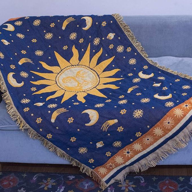 Erke 35"x60" Sun and Moon Stars Cushion Cover for Sofa Loveseat Slipcover Chair Furniture Protector Decor, Hippie Room Decorative Wall Hanging Celestial Tapestry (Yellow Blue, Small, 100% Cotton)