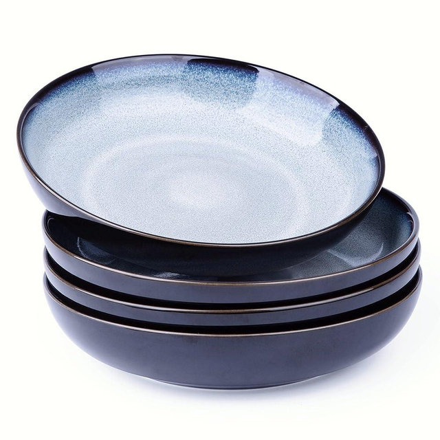 LERATIO Pasta Bowls,Ceramic 38oz Pasta Bowls,9.0" Reactive Glaze Pasta Bowl Set of 4,Microwave & Dishwasher,Oven Safe,Large Wide Serving Bowls for Salad, Dessert, Pizza, Fruit,Gray Blue