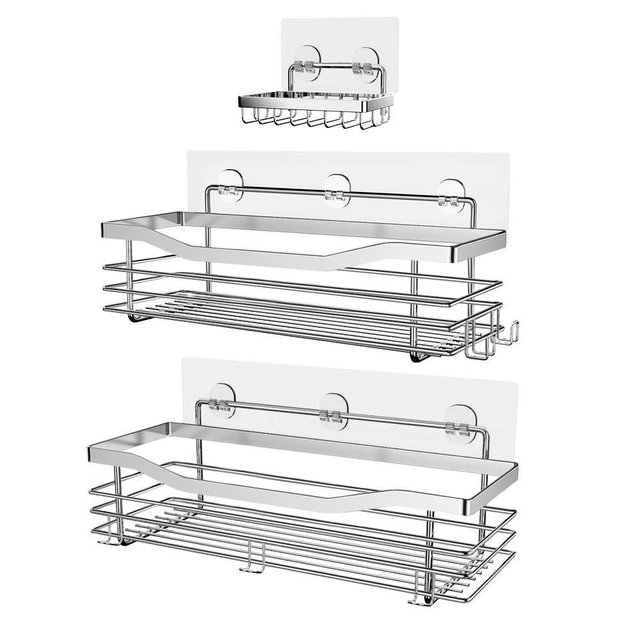 Orimade Shower Caddy Basket Soap Dish Holder Shelf with 5 Hooks Bathroom Organizer Shelf Kitchen Storage Rack Wall Mounted Adhesive No Drilling SUS304 Stainless Steel - 3 Pack