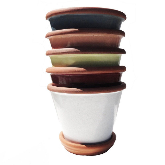Glazed Ceramic Planter With Drain Dish 5 color Choices 6" Diameter Made in Italy