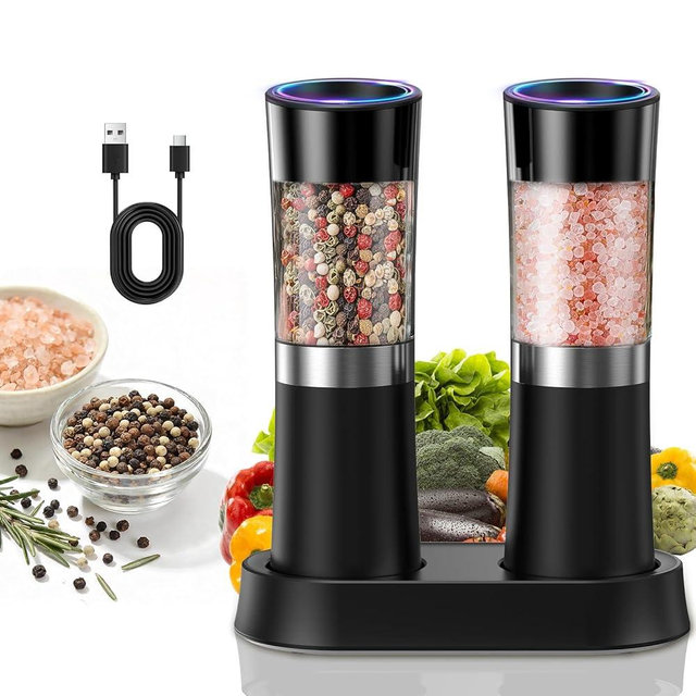 CIRCLE JOY Gravity Sensor Salt and Pepper Grinder Set with Charging Base, Electric Salt and Pepper Mills Set with LED Light, Adjustable Coarseness, No Battery Needed, for Home Kitchen BBQ