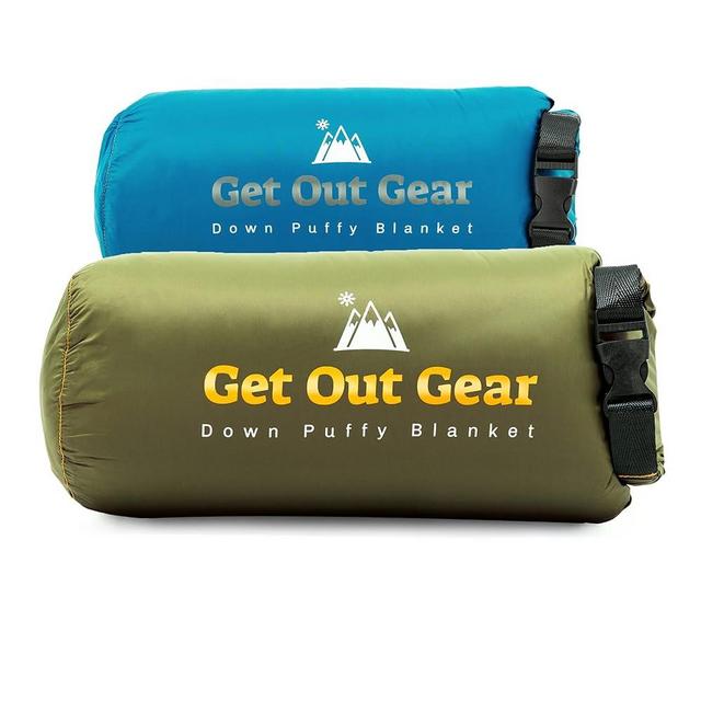 Get Out Gear Down Camping Blanket - Olive and Teal Blue Bundle - Puffy, Packable, Lightweight and Warm | Ideal for Outdoors, Camping, Backpacking, Travel | 650 Fill Power Water-Resistant Quilt