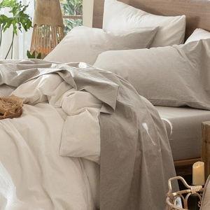 MooMee Bedding Sheet Set 100% Washed Cotton Linen Like Textured Breathable Durable Soft Comfy (Heathered Tannish Linen Grey, Queen)