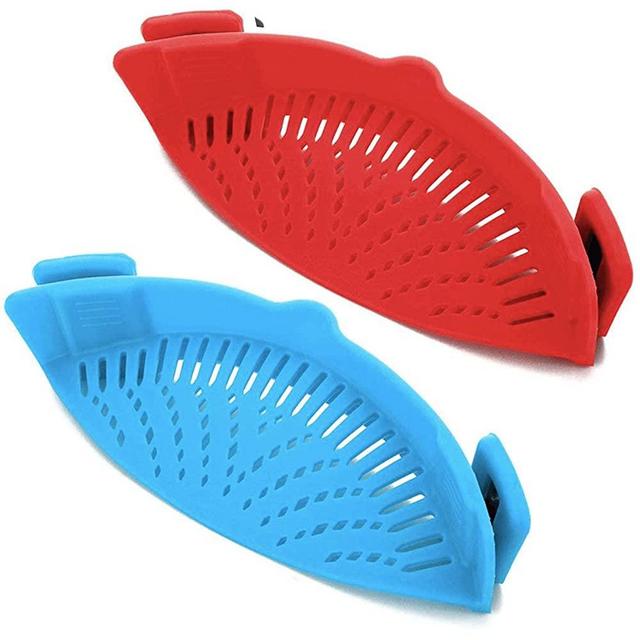 Clip-on Kitchen Food Strainer for Spaghetti, Pasta, Meat, Fruits, Vegetables. Silicone Kitchen Food Strainer for All Sizes of Pots & Bowls-2 PCS. (Red, Blue)