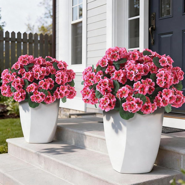 GLIDLION 12 Bundles Artificial Geranium Flowers for Spring Summer Decor, UV-Resistant Fake Plants Realistic Faux Silk Bouquets for Front Door Farmhouse Garden Porch Home Outdoor Decor (Peach Pink)