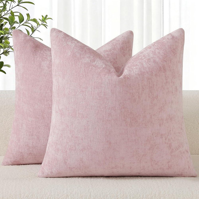 decorUhome Chenille Blush Pink Spring Throw Pillow Covers 18x18 Inch Set of 2, Decorative Soft Couch Pillow Covers Solid Dyed Accent Farmhouse Neutral Square Pillow Cases for Sofa