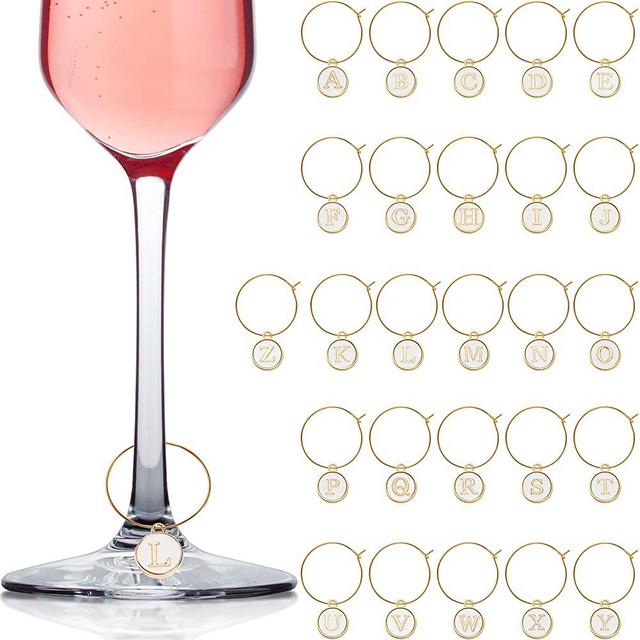 26 Pieces Wine Glass Charms with Rings Tags Metal Letters Glass Charm Markers Letters Beads Markers for Stem Glasses Wine Cocktail Champagne Party Favors Decorations Family Gathering