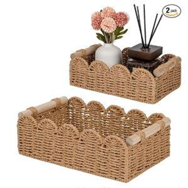 CubesLand Toilet Paper Storage Organizer Basket, Scalloped Decorative Baskets for Over Toilet Shelves, Wicker Small Basket Perfect for Home Countertop Storage & Decor, Living Room Shelf Decor, Neutral
