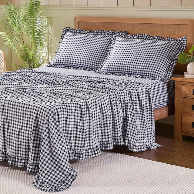 kisswish Gingham King Sheet Set, Lightweight Super Soft Brushed Microfiber Plaid Bed Sheets with 16" Deep Pocket, 4 Piece Ruffle Farmhouse Bedroom Decor, Black