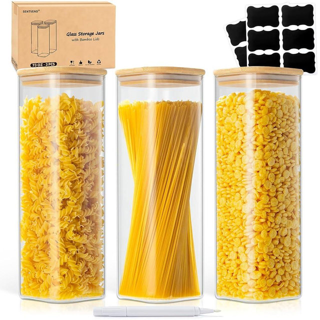 SENTVEND 73 Oz Glass Storage Jars with Bamboo Lids - 3 Pack Clear Glass Canisters Square Airtight Stackable Ideal for Pantry Storage Containers Great for Storing Oats Coffee Beans Pasta Flour Rice etc