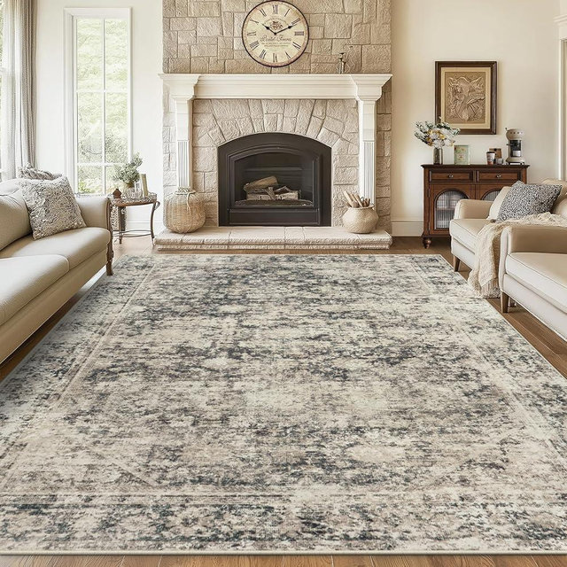 8x10 Area Rugs Washable Rug: Large Vintage Abstract Living Room Rug Soft Anti-Skid Thin Carpet Indoor Floor Stain Resistant Carpets for Bedroom Dining Farmhouse Nursery Home Office Beige Black