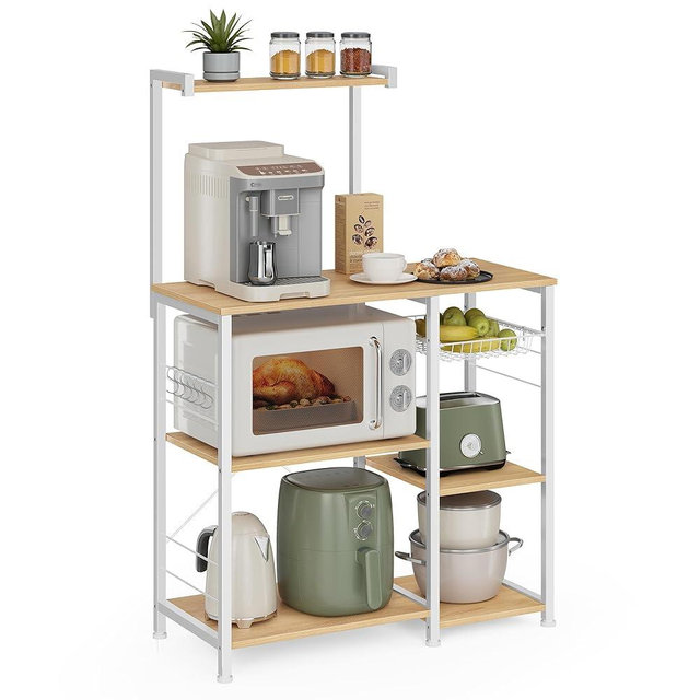 VASAGLE Baker's Rack, Microwave Stand, Kitchen Storage Rack with Wire Basket, 6 Hooks, and Shelves, for Spices, Pots, and Pans, Oak Beige and Classic White UKKS035W09