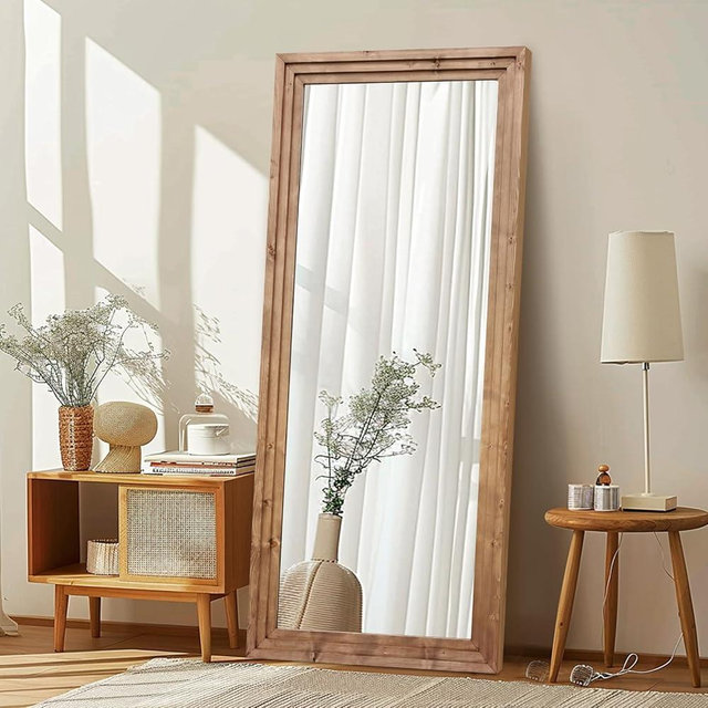 ABSWHLM Full Length Mirror 71"x30" Solid Wood Frame Floor Large Mirror for Living Room, Bedroom Hanging or Leaning Wall-Mounted, Light Brown