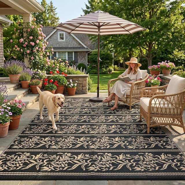 Garvee Outdoor Rugs 5x8 Waterproof Reversible Mat Boho Leaf Patio Rug with 4 Stakes and Starage Bag, Large Outdoor RV Mat Rugs for Camping, Picnic, Balcony, Deck, Backyard, Black & Brown