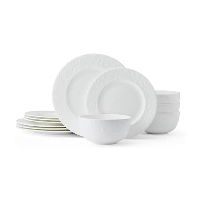 Mikasa Claire Floral Bone China Lightweight Chip Resistant 12 Piece Dinnerware Set, Service for 4, White