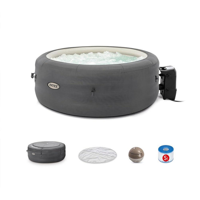 Intex SimpleSpa Bubble Massage 4 Person Inflatable Round Hot Tub Relaxing Outdoor Water Spa with Soothing Jets, Insulated Cover, and Storage Bag, Gray