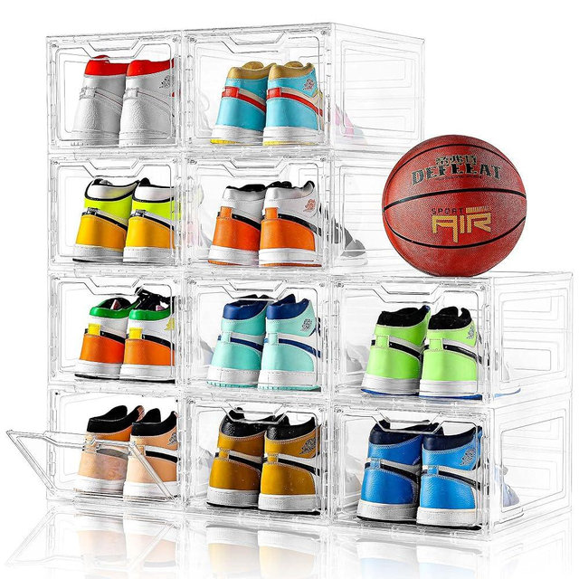 Stebopum X-Large 10 Pack Clear Shoe Storage Organizer, Stackable Shoe Rack for Closet,Plastic Shoe Boxes with Magnetic Door,Dustproof Shoe Cabinet Sneaker Container for Women/Men,Fit up to US Size 13