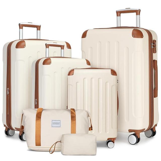 LARVENDER Luggage Sets 6 Piece, Expandable Luggage Set Clearance for Women, Suitcases with Wheels, Hardside Hard Shell Travel Luggage with TSA Lock (White Brown, 6pcs)
