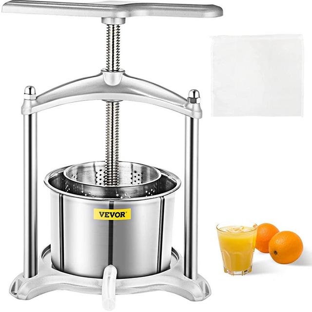 VEVOR Fruit Wine Press, 1.6Gal Wine Press, 6L Fruit Cider Grinder w/Dual Stainless Steel Barrels, Manual Press Machine with Triangular Structure & T-Handle, for Cider Tincture Cheese Herb Vegetables