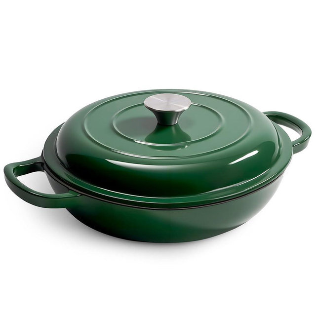 3 Quart Enameled Cast Iron Braiser, Non Stick Enameled Cast Iron Skillet with Lid, Dutch Oven Skillet with lid up to 500°F for Oven, Stove, Grill, Shallow Dutch Oven for Cook, Bake (Green)