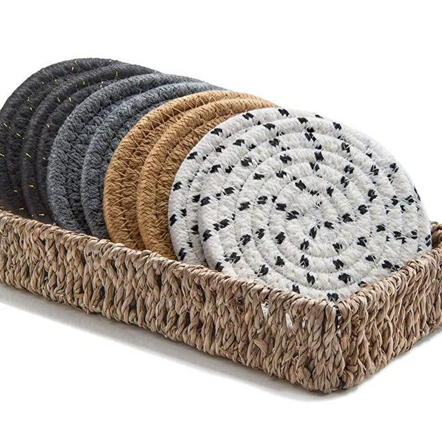 Drink Coasters with Seagrass Basket Holder for Storage | Set of 8 Handmade Braided Cotton 4.3 Inch Extra Absorbent Coasters in Neutral Colors | 100% Natural Eco Friendly Farmhouse Decor Coaster Set