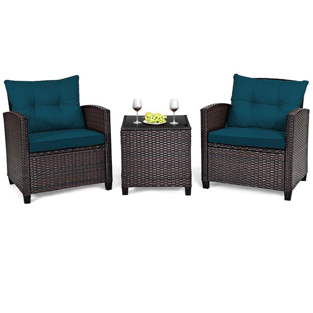 Tangkula 3 Pieces Patio Furniture Set, PE Rattan Wicker 3 Pcs Outdoor Sofa Set w/Washable Cushion and Tempered Glass Tabletop, Conversation Furniture for Garden Poolside Balcony (Prussian Blue)