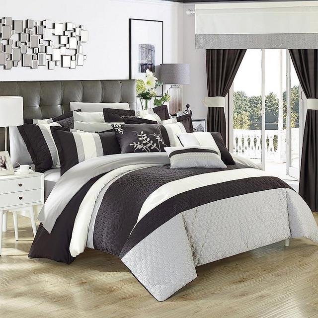 Chic Home - CS3025-AN Covington 24 Piece Comforter Set Embroidered Bed in a Bag Sheets Curtains, Queen, Black