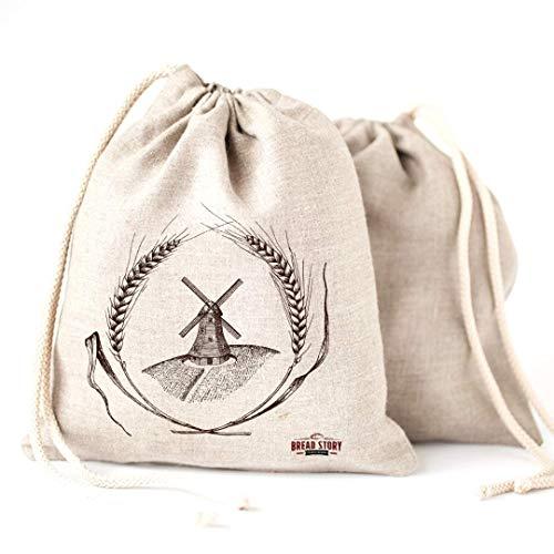 Linen Bread Bags - 2-Pack 11 x 15" Special Art Design Natural Unbleached Linen Reusable Food Storage for Homemade Artisan Bread