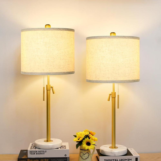 Table Lamp Set of 2: 22" to 30" Height Adjustable Pull Chain Switch for Living Room Bedroom End Table, Marble Base Beige Linen Shade Gold Nightstand Lamp for Office, Bedside Table (Gold, Beige Shade)
