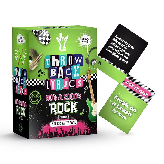 Throwback Lyrics The 90s & 2000s Rock Music Trivia Game with Charades | Finish The Lyrics + Steal Cards | Includes Playlist & Stickers | Adult Party Game Night- 250 Cards