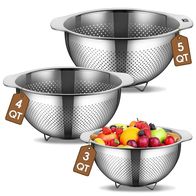 GOLDEN KEY Stainless Steel Colander for Kitchen, 3 Pcs Stainless Steel Strainer,Strainers and Colanders,Pasta Strainer with Handle for Vegetables Cooking Food,Dishwasher Safe(3QT,4QT,5QT)