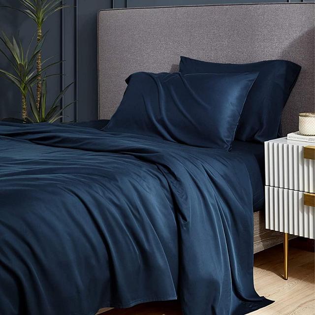 Bedsure 100% Bamboo Sheets Set Queen Navy - Cooling Bamboo Bed Sheets for Queen Size Bed with Deep Pocket 4PCScs